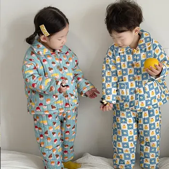 2-7Y Zimné Nové Deti Pajama Nastaviť Dieťa Cartoon Tlač Domov Kožušiny s Luxusnou Hrubé Ochrany Teplé dvojdielne Súpravy