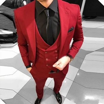 2020 Mužov je Červená s Drážkou Klope Svadobné Obleky Večierok Prom Ženích Zákazku Slim Fit Bežné 3 Kusy Najlepší Muž Terno