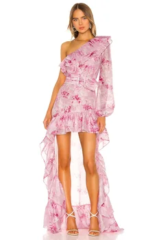 2023 Jeseň Ružová Roztrieštené Kvetina Tlače Vestidos Elegantné Ženy Šikmé Rameno S Dlhým Rukávom Maxi Bodycon Holiday Party Šaty