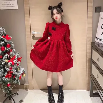 2024 jeseň zima Deti, Dievčatá, pevné čínske červené Cheongsam Qipao Princezná Teens Nový Rok Šaty vlna zamatové Šaty vzor