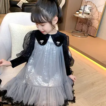Deti Boutique Oblečenie Baby Girl Dress Priadza Princezná Jeseň Roku 2023 Nové All-zápas Bowknot Nafúknuté Šaty Farbou Módne O-krku