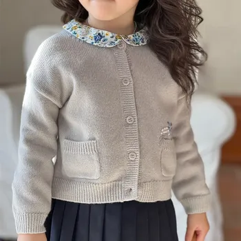 Deti, dievčatá šaty vyšívané vrecku sivý sveter Vlna zmiešané mäkké pletené sveter