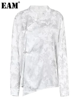 [EAM] Ženy Biela Výšivka Veľké Veľkosti Elegantná Blúzka Nové Klope Dlhý Rukáv Voľné Nosenie Tričko Fashion Jar Jeseň 2024 1DF8402