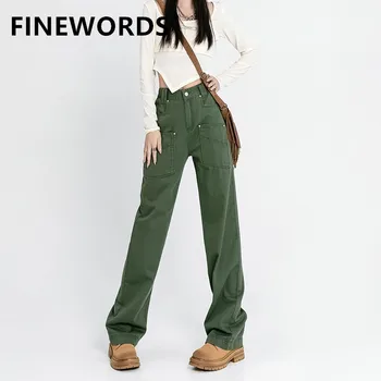 FINEWORDS 2023 Jar Army Zelená Vintage Širokú Nohu, Džínsy Ženy kórejský Bežné Streetwear Punk Džínsy Voľné Vysoký Pás Mama Džínsy