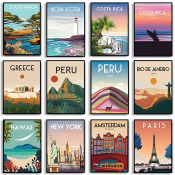 Francúzsko, Paríž, Brazília Havaj Peru Pekné Taliansko Mesta Amsterdam Cestovné Plagát Plátno Na Maľovanie Krajiny Wall Art Izba Domova Darček