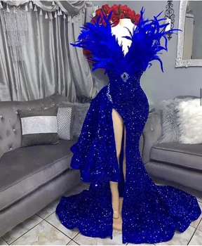 Kráľovská Modrá Pierko Sequin Prom Šaty 2023 Luxusné Dlhé Morská Víla V Krku Kryštály Diamond Sexy Ženy, Formálne Večerné Gala Šaty