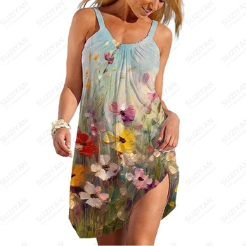 Letné nové dámske podväzkové šaty, kvet 3D vytlačené lady košieľka šaty, módne trend, príležitostné voľné dámske šaty podväzkové