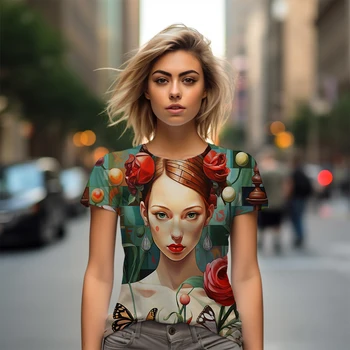 Letné nové lady T -shirt krásy 3D vytlačené lady T -shirt voľný čas dámy T -shirt módne trendy voľné lady T -shirt