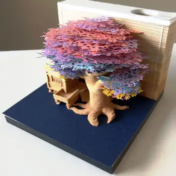Omoshiroi Blok 3D poznámkový blok Memo Pad 2024 Calenda Strane Roztrhané Tree House 3D Papier Socha Umenie Poznámka Papier Darček k Narodeninám
