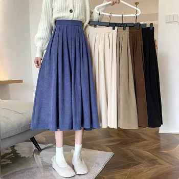 Vintage High Skladaný Pás Dlhé Sukne Ženy kórejský Módne Slim Fit sukne ženy Elegantné Hrubé A-line Elastický Pás Faldas Mujer