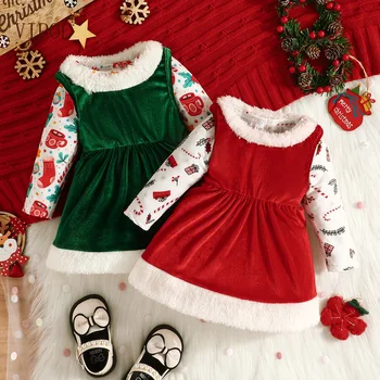 VIPOL Christmas, Baby, Dievčatá Šaty s Dlhým Rukávom Kombinézach + Fleece bez Rukávov Šaty 2ks/set Jeseň Zima Novorodencov Princezná Oblečenie
