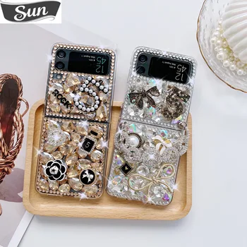 Z Flip4 DIY Luxury Diamond Kvety Telefón puzdro Pre Samsung Galaxy Z Flip 4 3 5 G Crystal Pearl PC Kryt S Drahokamu Náramok