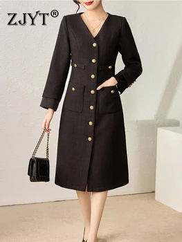 ZJYT Elegantné Jednoduché Čierne Tweed Vlnené Šaty pre Ženy 2024 Jarnú Návrhárka Dlhý Rukáv Úrad Práce Nosenie Singel svojim Župan
