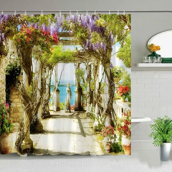 Záhrada Scenérie Sprchový Záves Wisteria Kvetina Stand Stredomorského Mesta Architektúry Krajiny Seascape Textílie Kúpeľňa Decor