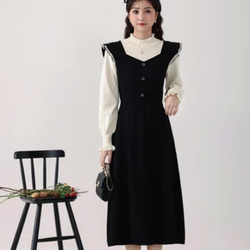 Ženy Oblečenie kórejský Hepburn Štýl Šaty 2023 Jeseň/Zima Módne Nový Vintage Čierny Pletený Polovice Dĺžky A-lineSkirt